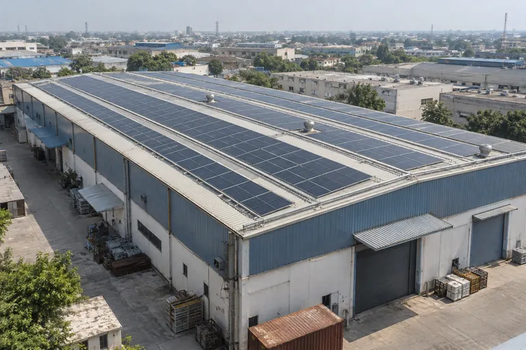 Architectural 3D illustration of rooftop solar on a Ghaziabad warehouse