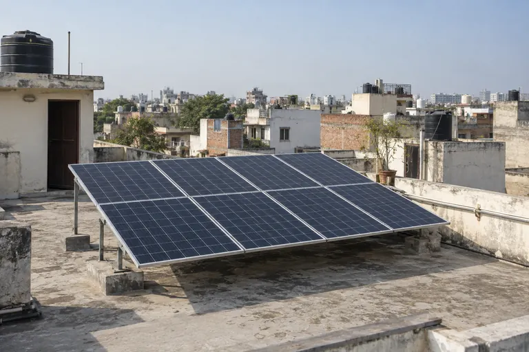 Architectural 3D illustration of rooftop solar in a lived-in Delhi neighbourhood