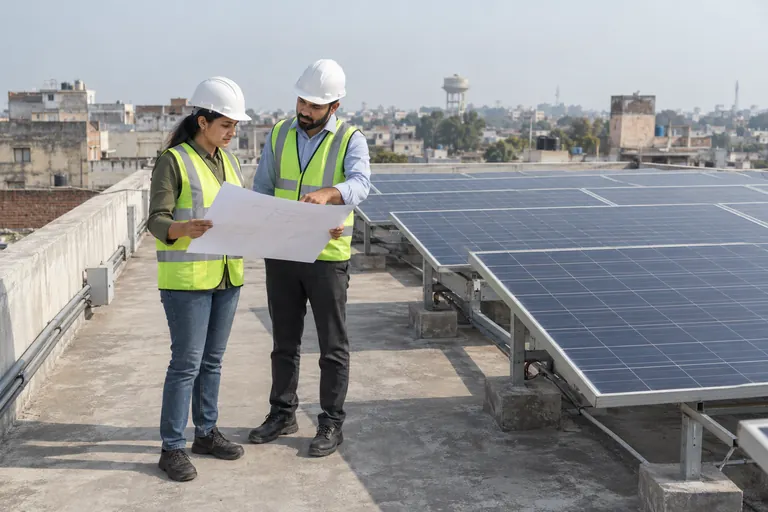Architectural 3D illustration of two solar professionals reviewing plans on a rooftop