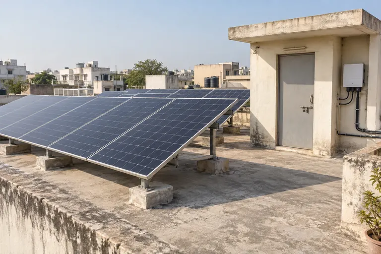 Architectural 3D illustration of a residential solar installation on a Lucknow terrace